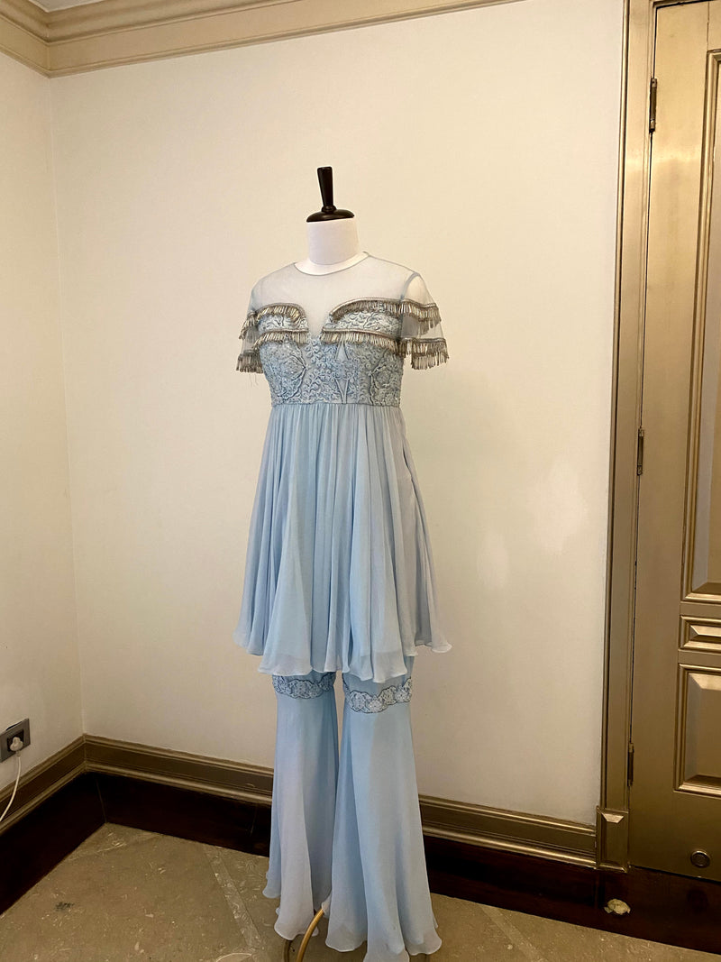 Powder Blue Gharara Suit with tassels and Palazzos