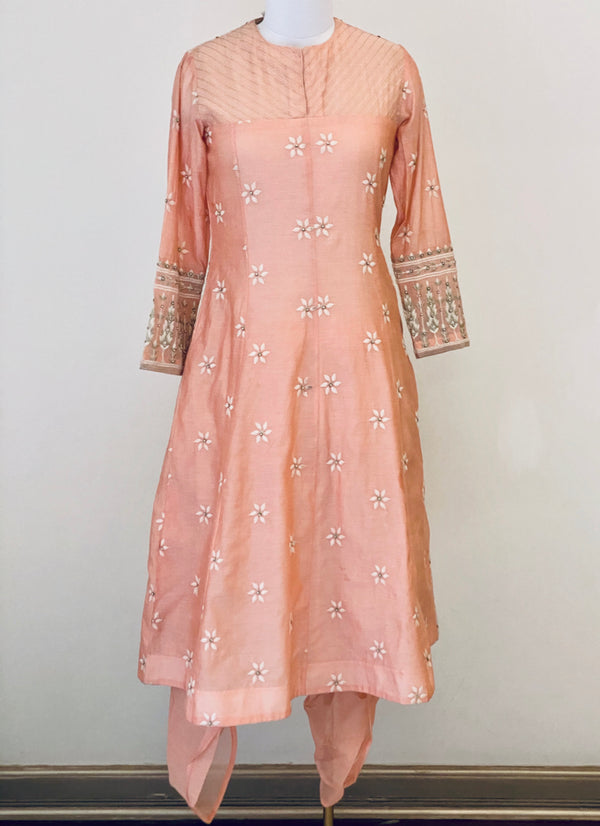 Peach Booti Embroided Chanderi long suit with Dhoti Pants