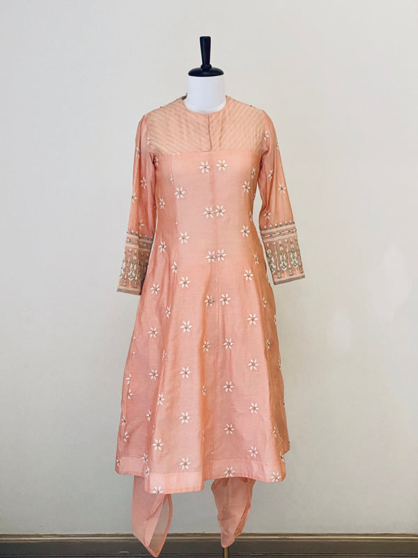 Peach Booti Embroided Chanderi long suit with Dhoti Pants