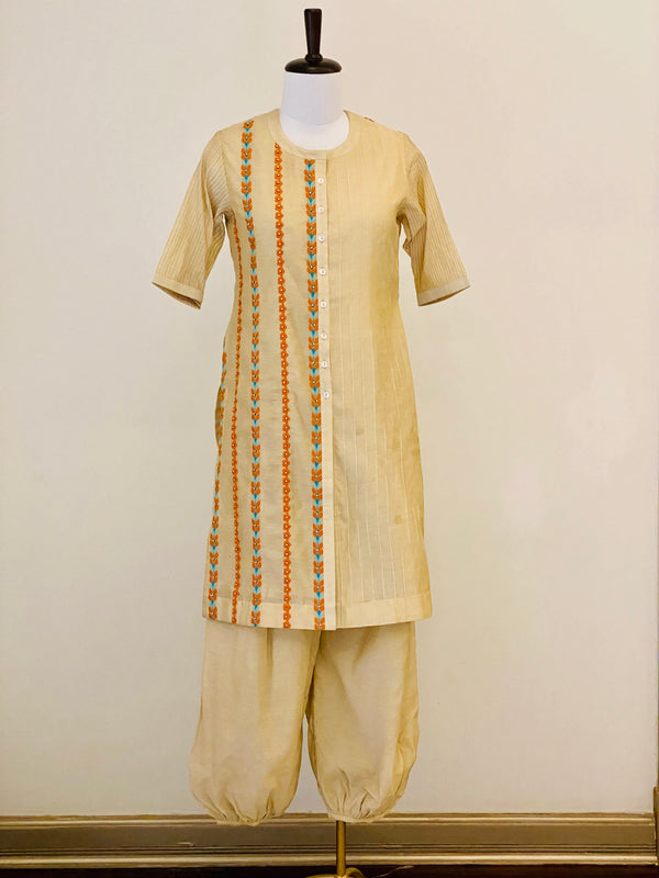 Beige embroided Chanderi kurta with Harem Pants