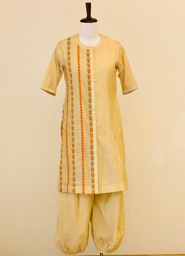 Beige embroided Chanderi kurta with Harem Pants