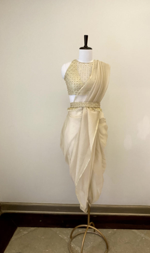 Champagne drape saree with pants and pearl work belt