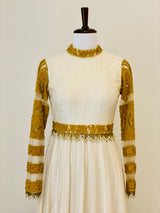 Ivory Chanderi Anarkali with mustard thread work and belt