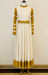 Ivory Chanderi Anarkali with mustard thread work and belt