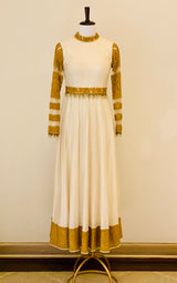 Ivory Chanderi Anarkali with mustard thread work and belt