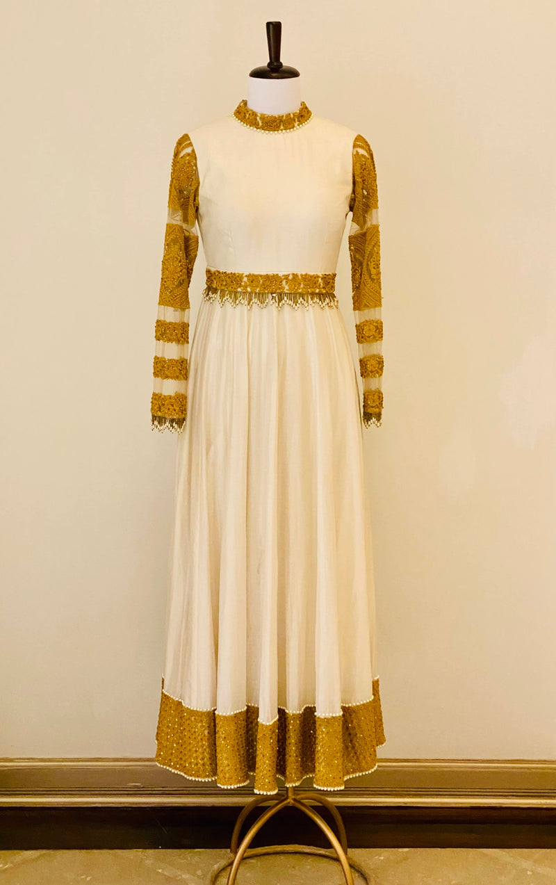 Ivory Chanderi Anarkali with mustard thread work and belt