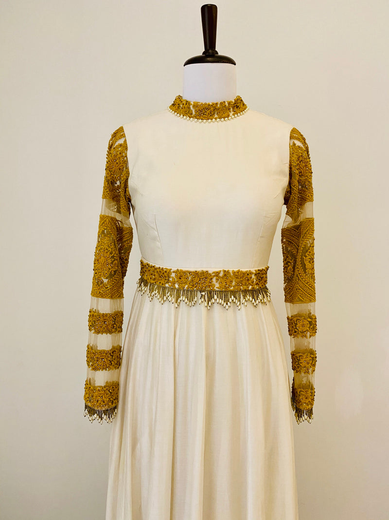 Ivory Chanderi Anarkali with mustard thread work and belt