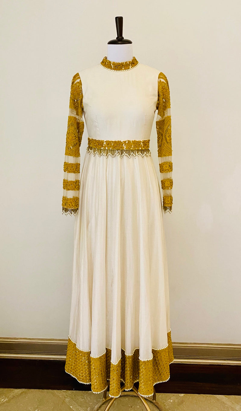 Ivory Chanderi Anarkali with mustard thread work and belt