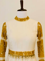 Ivory Chanderi Anarkali with mustard thread work and belt