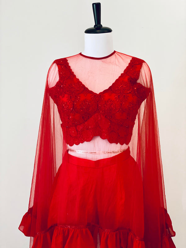 Red tone on tone embroided Blouse with Crushed Pants and a net cape