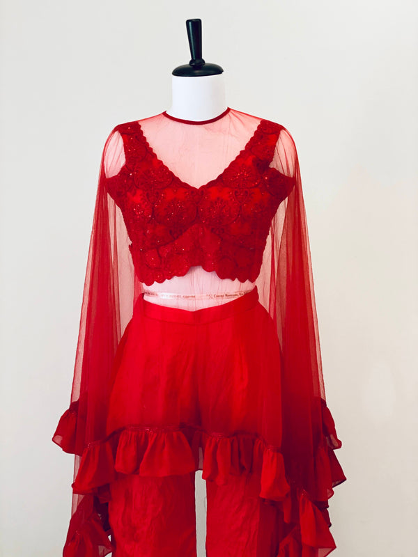 Red tone on tone embroided Blouse with Crushed Pants and a net cape