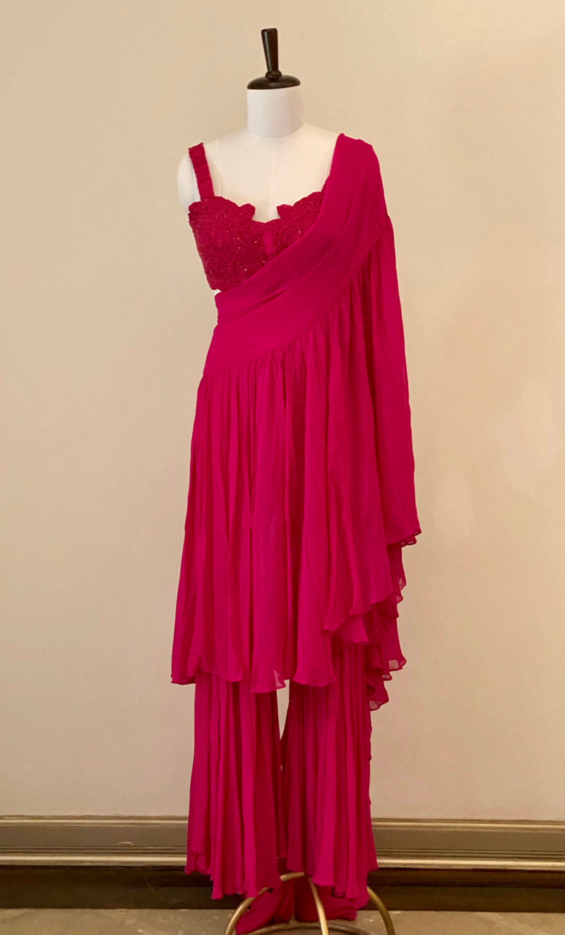 Fuchsia Pink Embroidered Blouse With Drape Dupatta And Pants