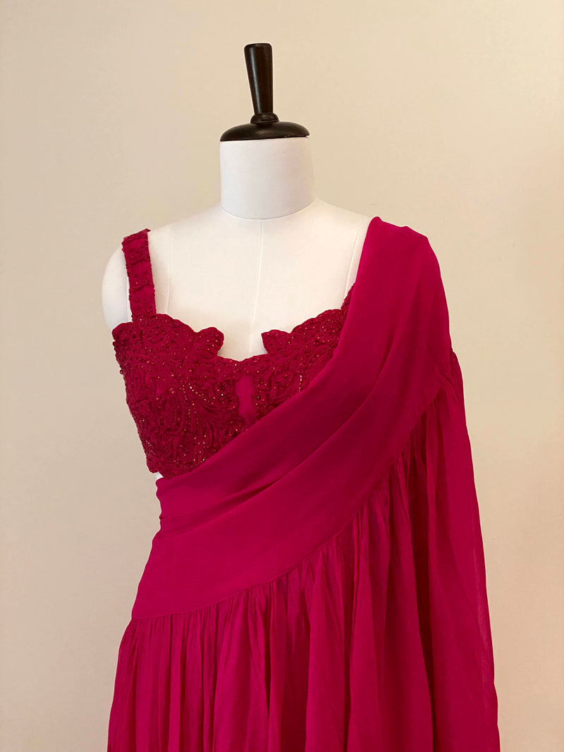 Fuchsia Pink Embroidered Blouse With Drape Dupatta And Pants