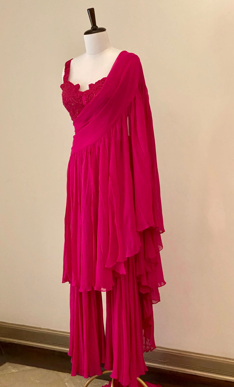 Fuchsia Pink Embroidered Blouse With Drape Dupatta And Pants