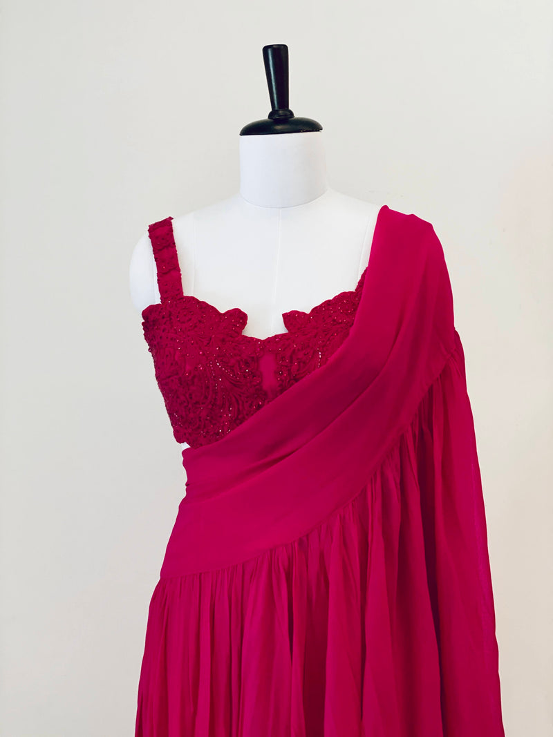Fuchsia Pink Embroidered Blouse With Drape Dupatta And Pants