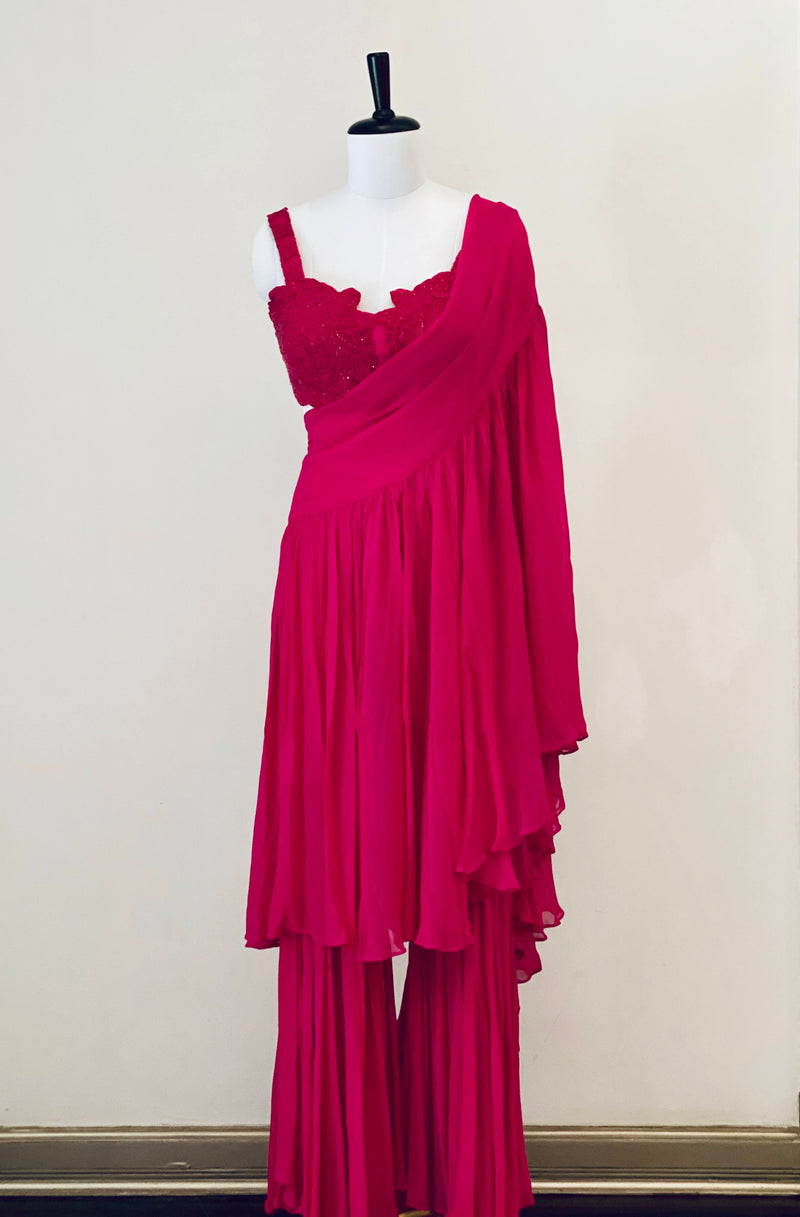 Fuchsia Pink Embroidered Blouse With Drape Dupatta And Pants