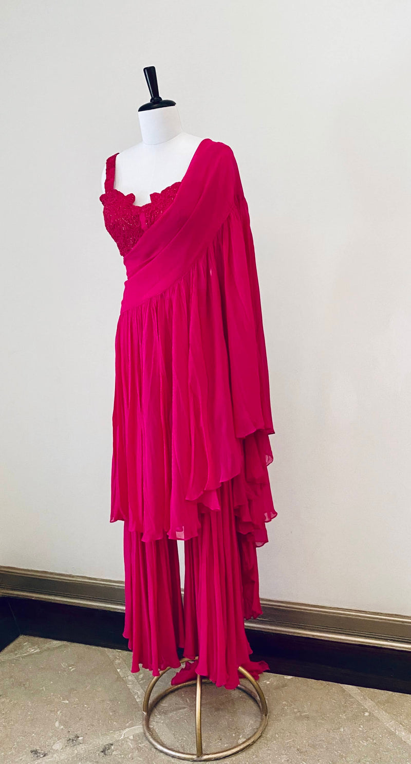 Fuchsia Pink Embroidered Blouse With Drape Dupatta And Pants