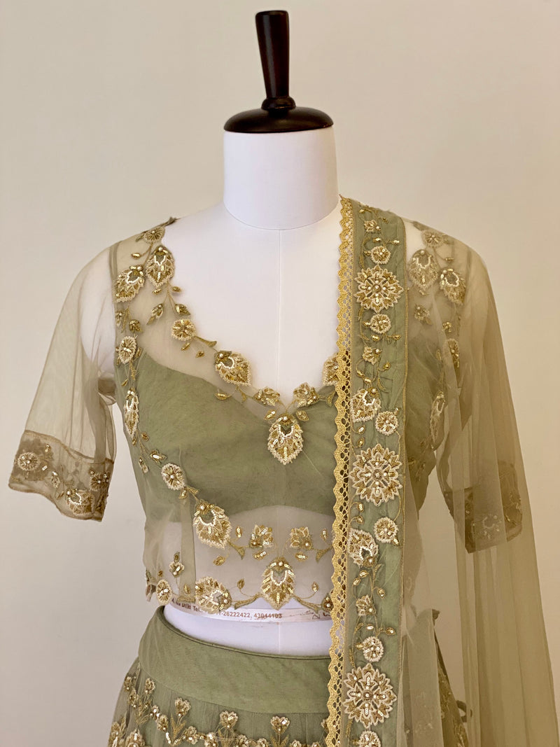 Earl Green fine threadwork Lehenga