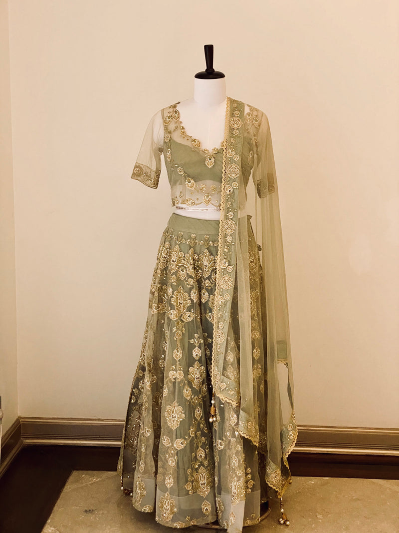 Earl Green fine threadwork Lehenga