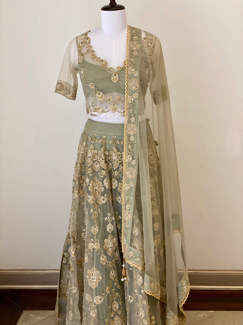 Earl Green fine threadwork Lehenga