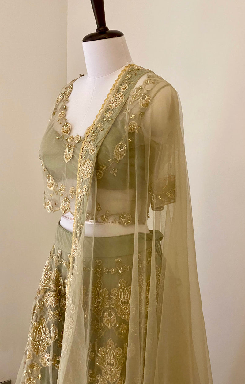 Earl Green fine threadwork Lehenga