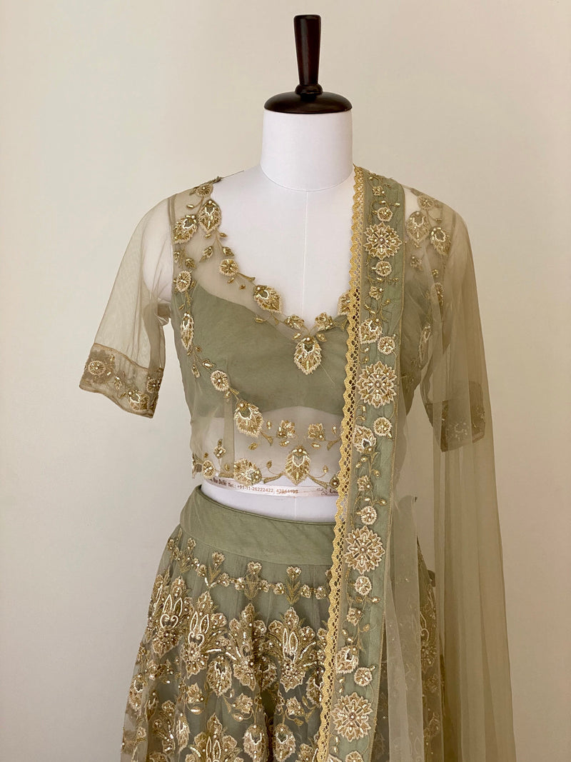 Earl Green fine threadwork Lehenga