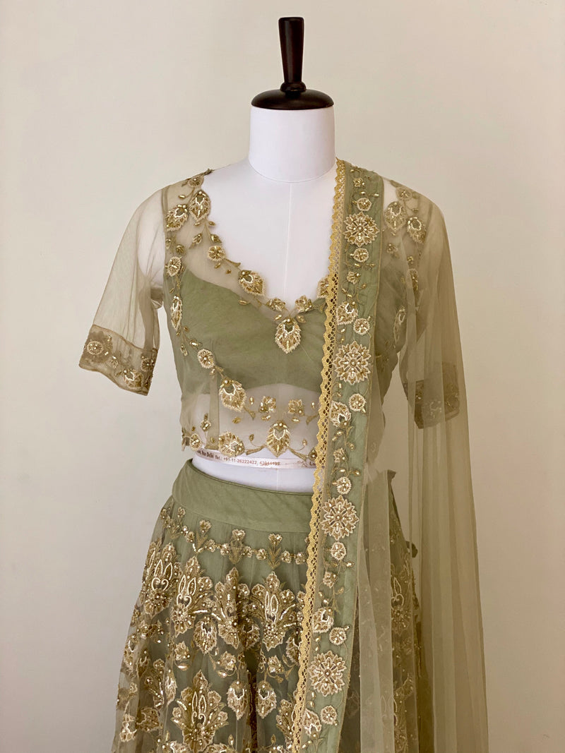 Earl Green fine threadwork Lehenga