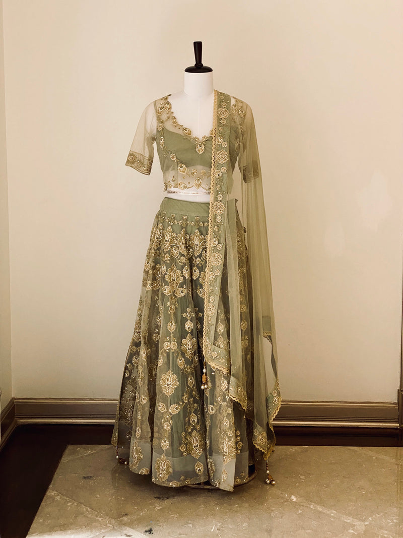Earl Green fine threadwork Lehenga