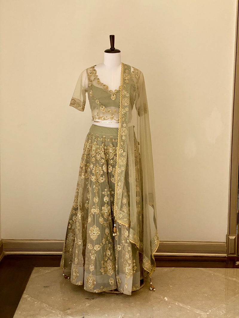 Earl Green fine threadwork Lehenga