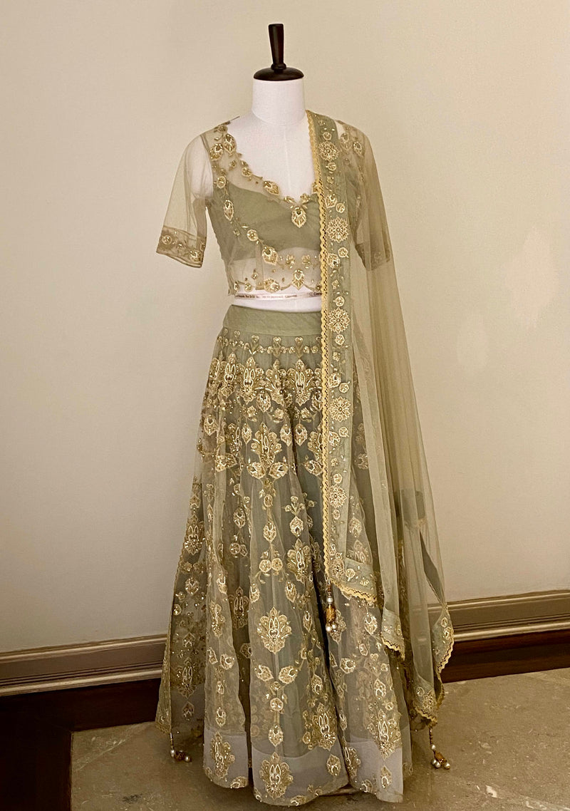 Earl Green fine threadwork Lehenga