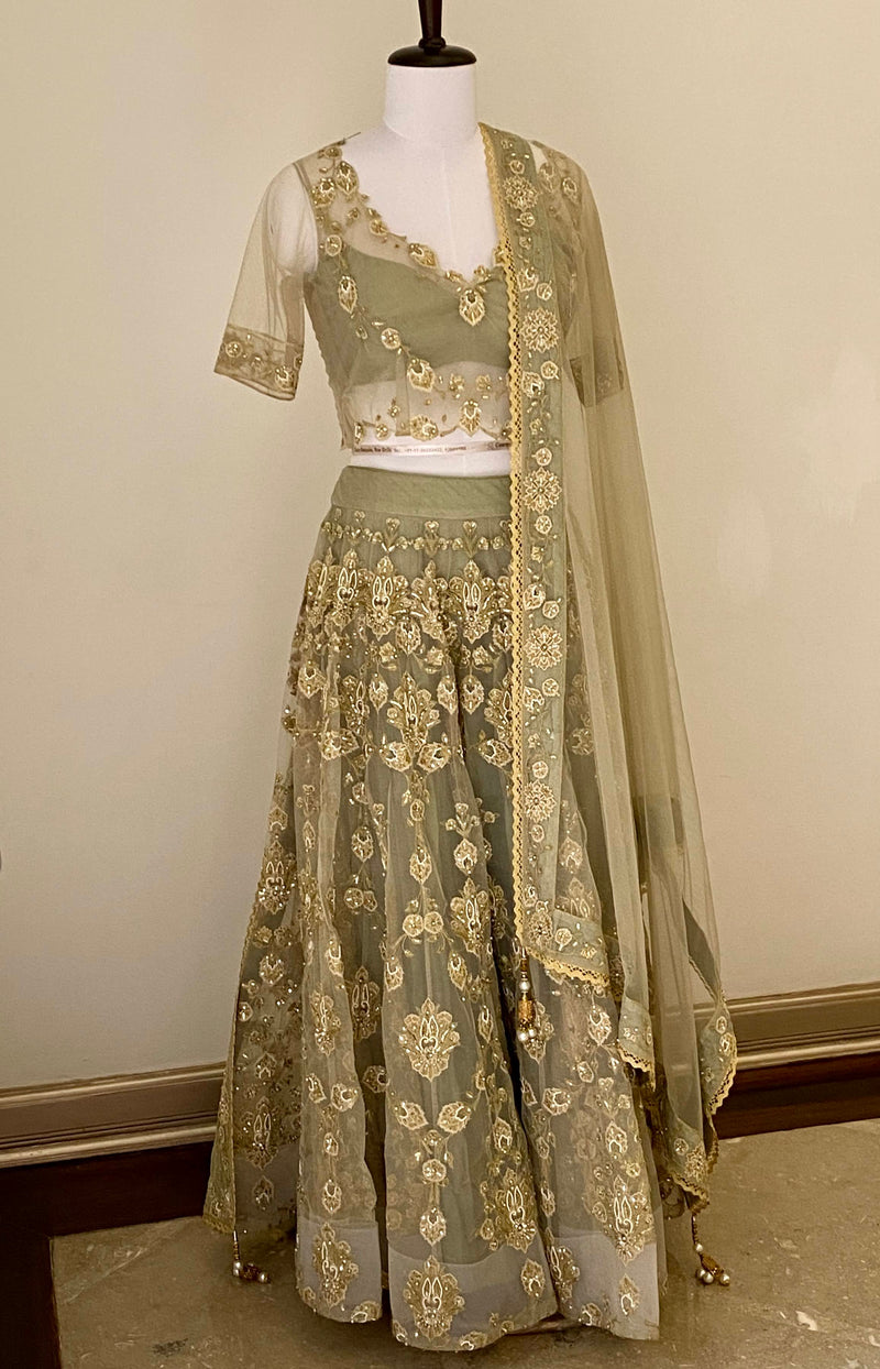 Earl Green fine threadwork Lehenga
