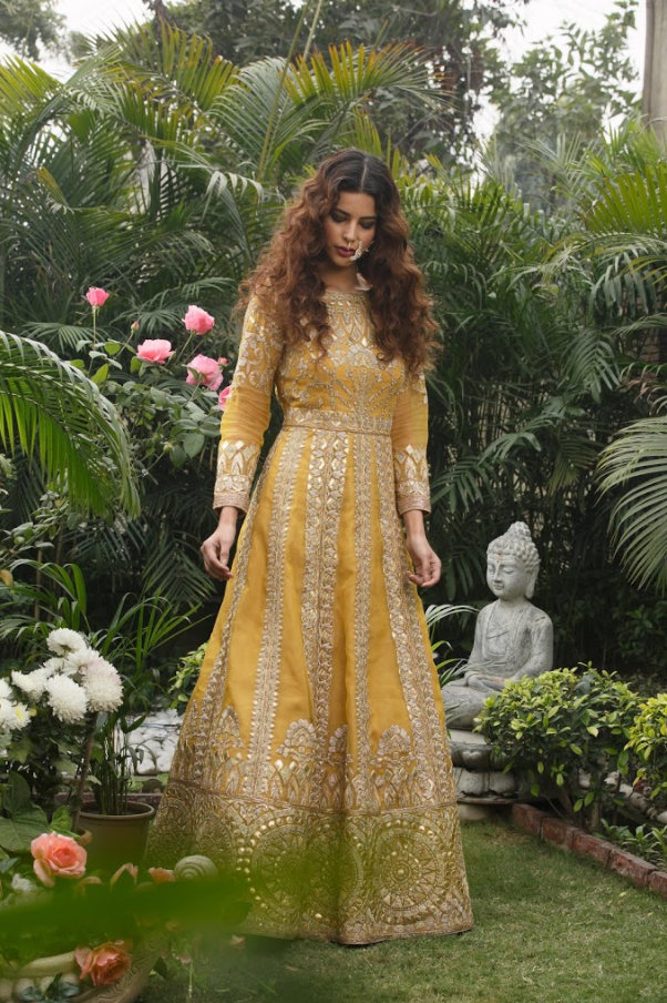 Mustard and gold heavy embroidered mughal gown