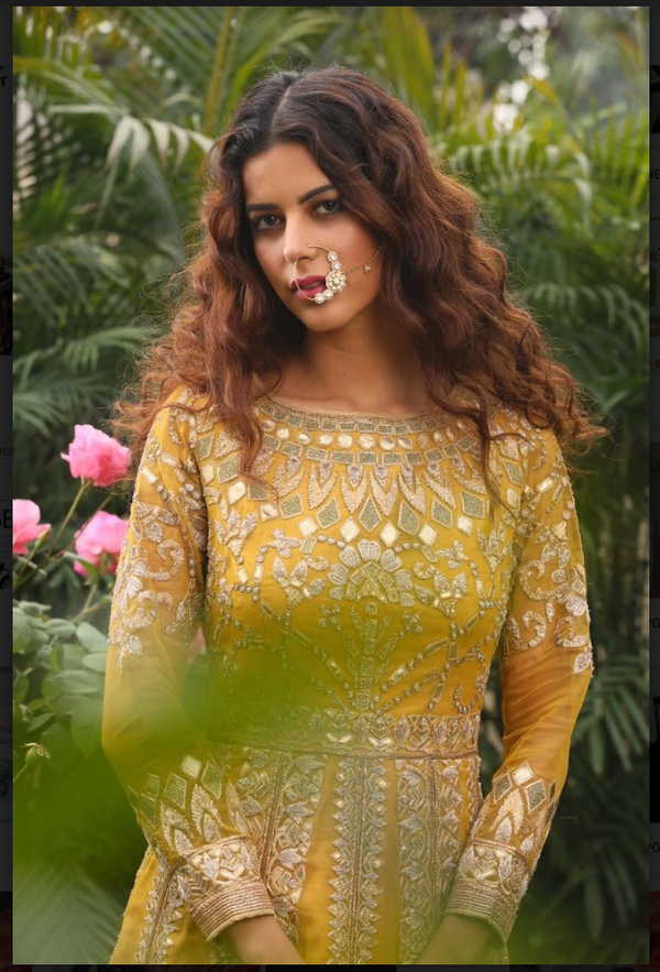 Mustard and gold heavy embroidered mughal gown