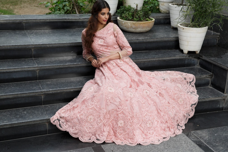 Rose pink heavy dori embroidery gown