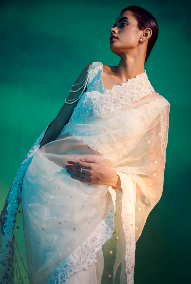 Selene || Daisy white organza saree with embroidered blouse