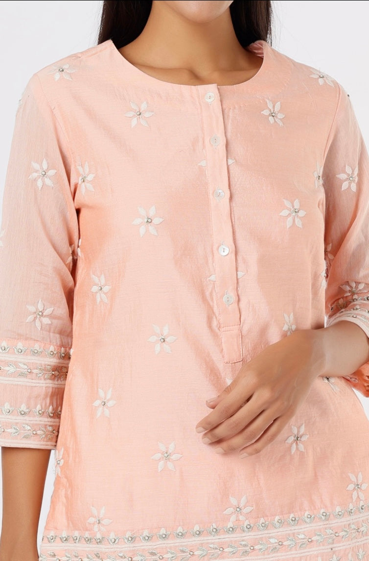 Peach Short Chanderi Kurta with Tulip Pants