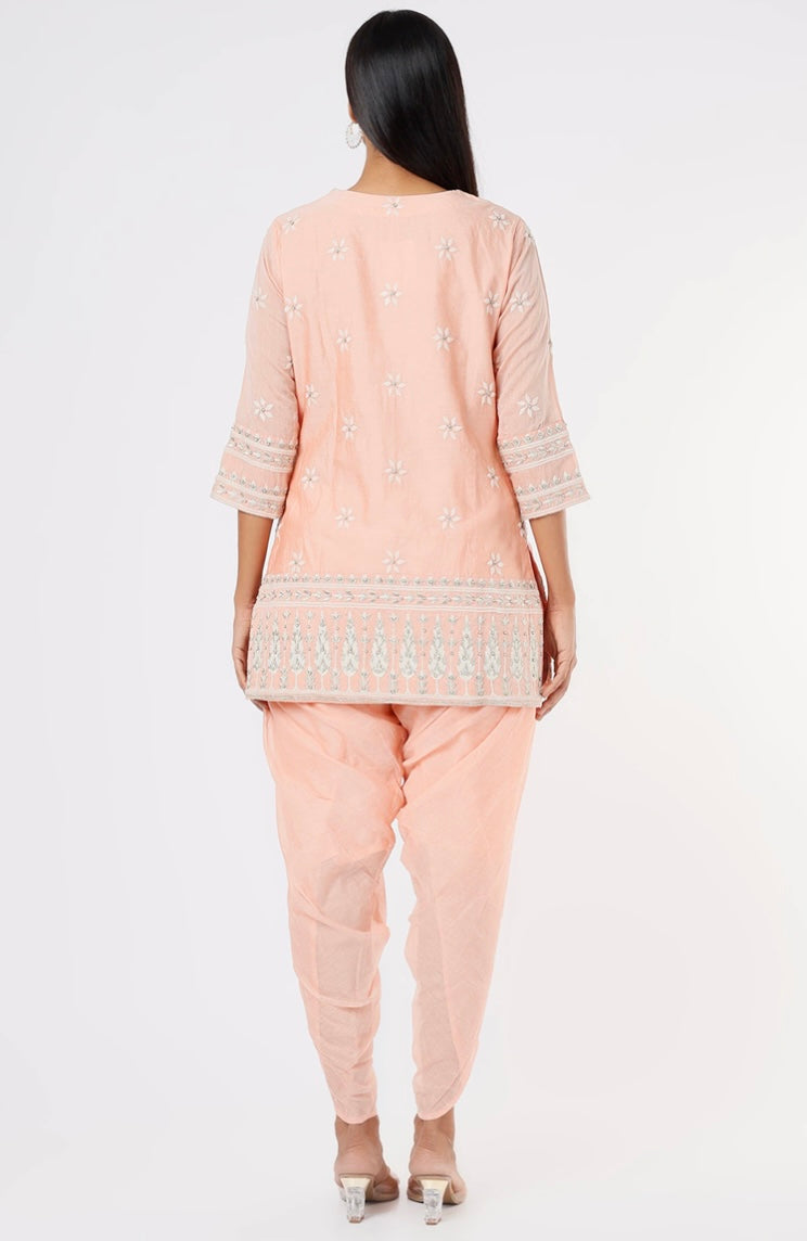 Peach Short Chanderi Kurta with Tulip Pants