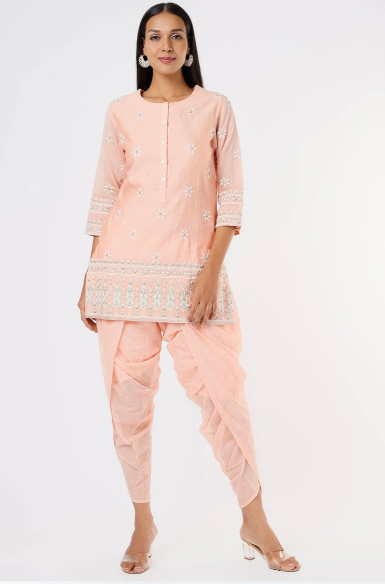 Peach Short Chanderi Kurta with Tulip Pants