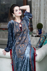 Persian blue embroidered velvet kurta set