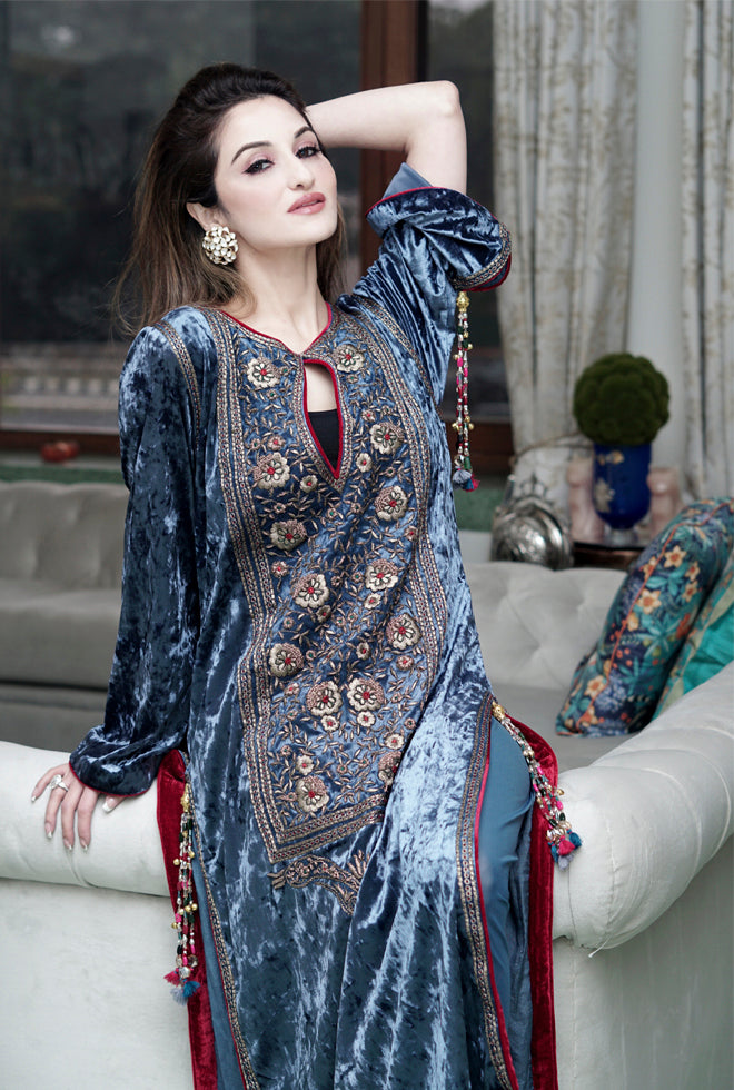 Buy Suits for Festival Velvet Blue Trouser Suit LSTV115074